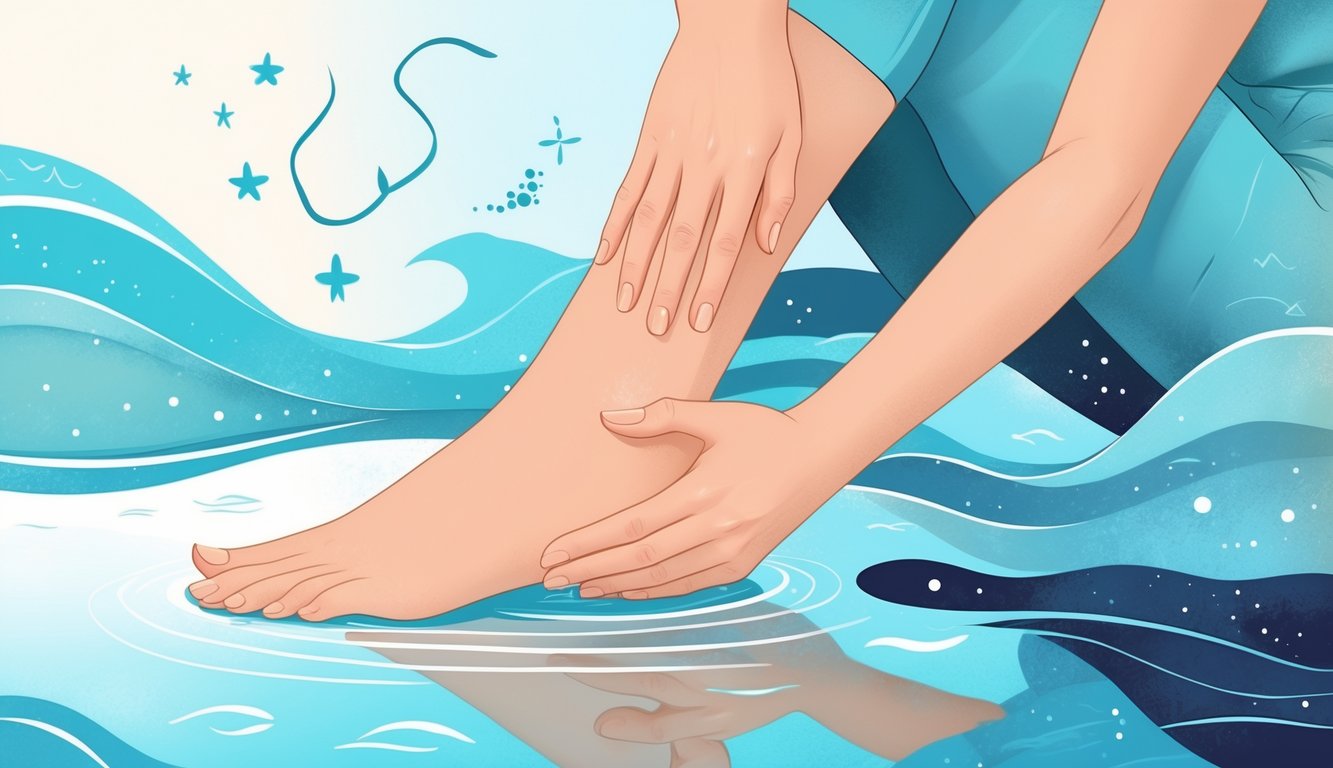 Close-up of hands giving an ankle massage with water and star motifs in the background.