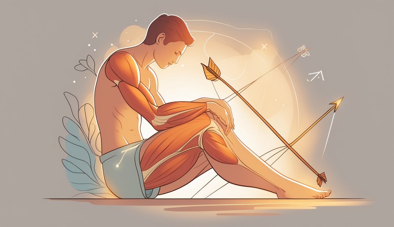 A person receiving a calming thigh massage with subtle Sagittarius zodiac symbols and gentle glowing shapes in the background.