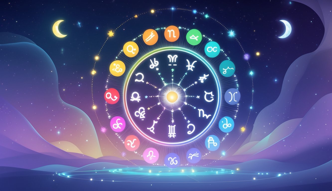 An illustration showing a zodiac wheel surrounded by glowing colors representing lucky colors for each zodiac sign, with stars and celestial elements in the background.