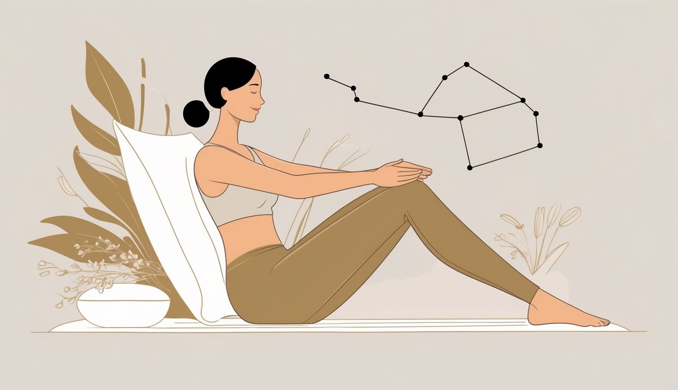 A person receiving a gentle thigh massage with hands applying smooth strokes, with a subtle Sagittarius symbol in the background.