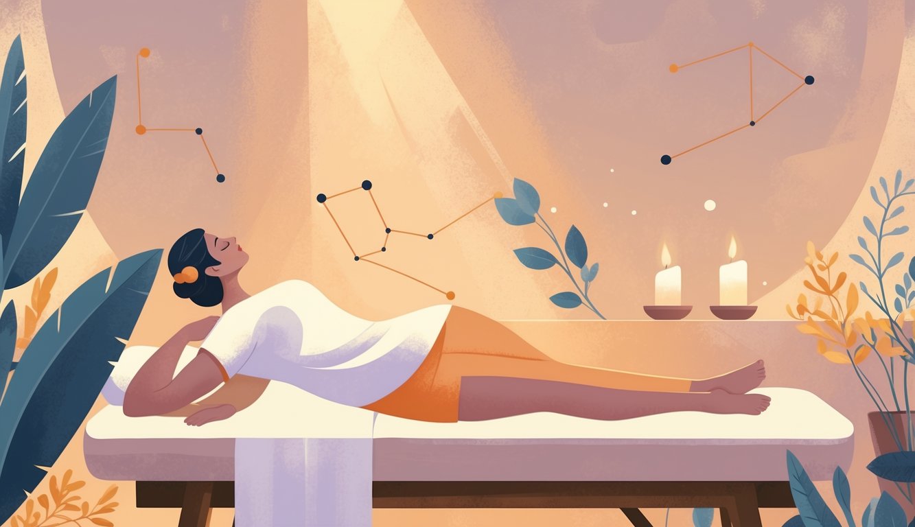A person receiving a gentle thigh massage in a calm spa setting with subtle Sagittarius symbols in the background.