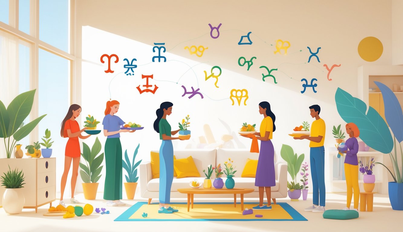People in a bright room using colorful clothes and objects linked to zodiac symbols to bring lucky colors into daily life.
