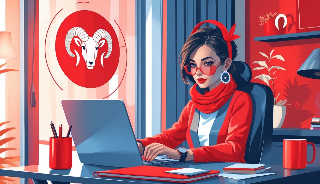 An Aries person using red items like a notebook, pen, and coffee mug while working at a desk, with subtle ram horn designs in the background.