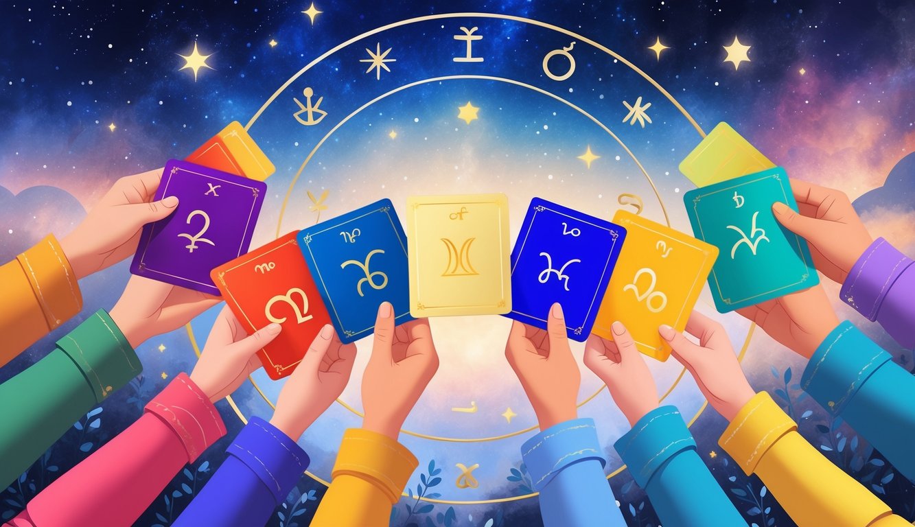 Hands holding colorful swatches with zodiac symbols against a starry cosmic background.