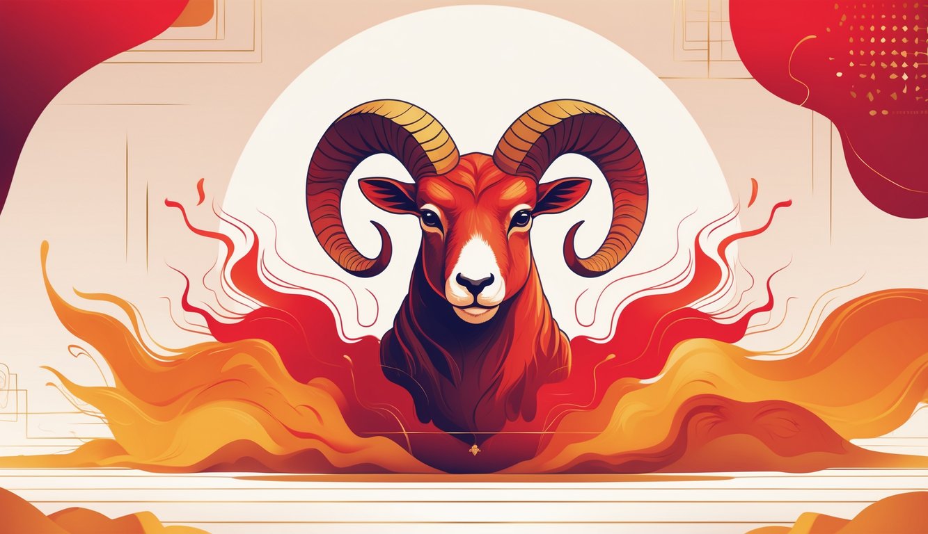 A strong ram surrounded by vibrant red flames and energy waves, symbolizing Aries and its lucky color.