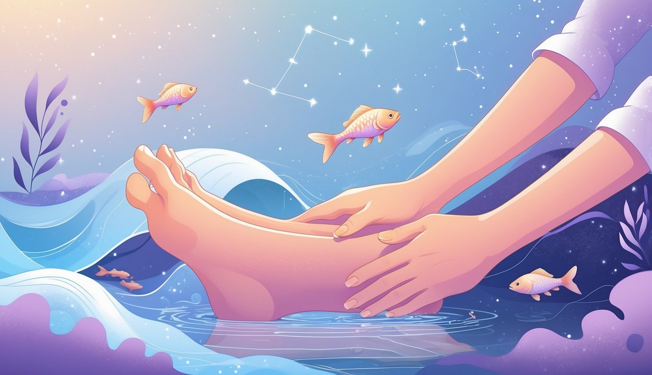 A person receiving a gentle foot massage with flowing water and fish surrounding the feet, symbolizing Pisces.