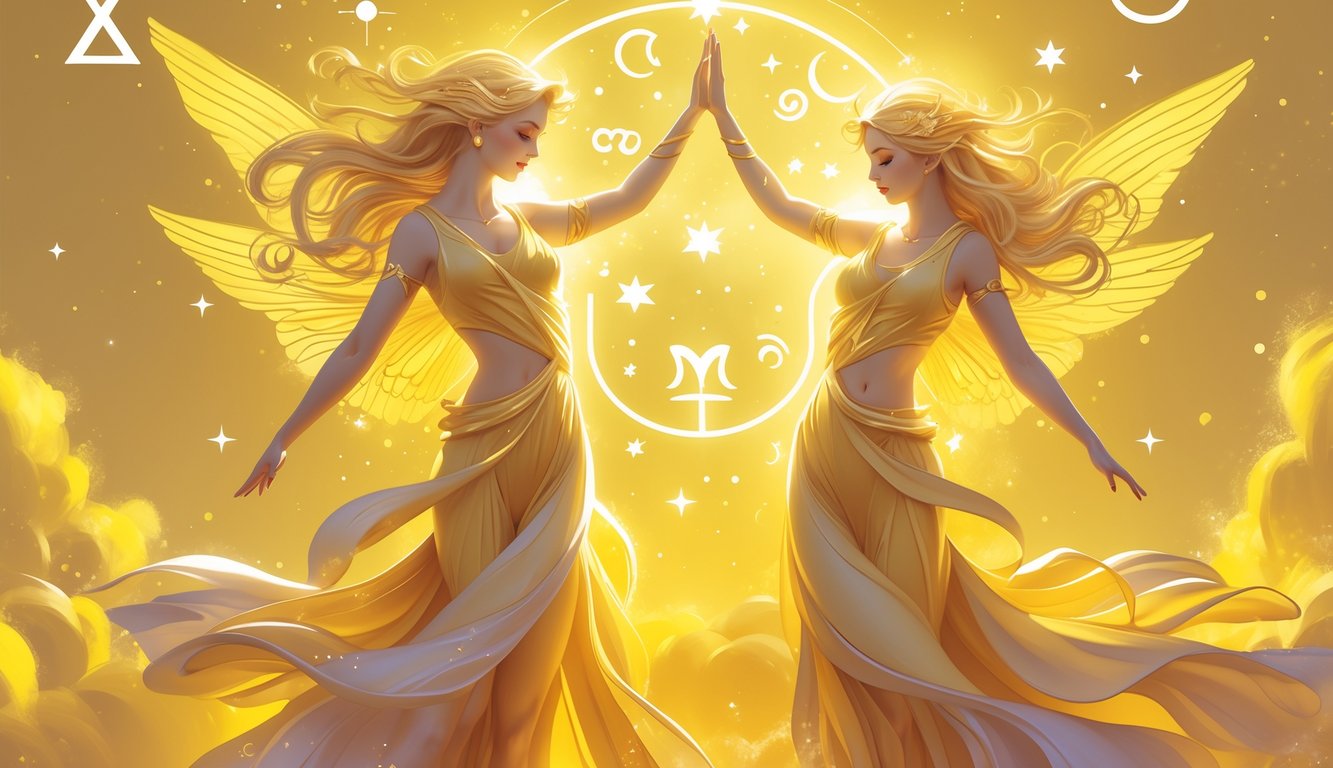 Two intertwined figures representing Gemini surrounded by glowing yellow light and celestial symbols in a warm, radiant setting.