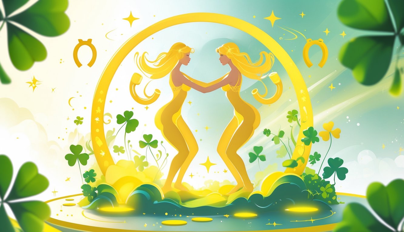 Two intertwined figures representing Gemini surrounded by yellow light and lucky symbols like four-leaf clovers and stars in a cosmic background.