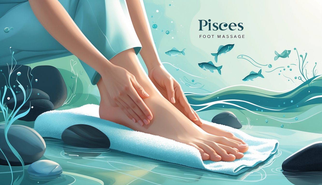 A therapist gently massaging a pair of feet with water and fish motifs in the background, creating a calming and relaxing atmosphere.