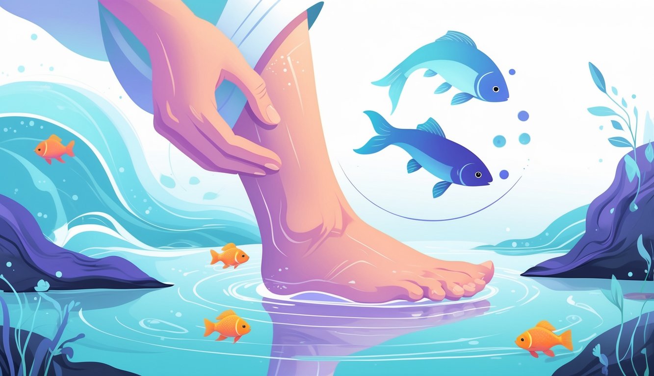 A peaceful scene showing a hand giving a foot massage surrounded by gentle water and fish representing the Pisces zodiac.