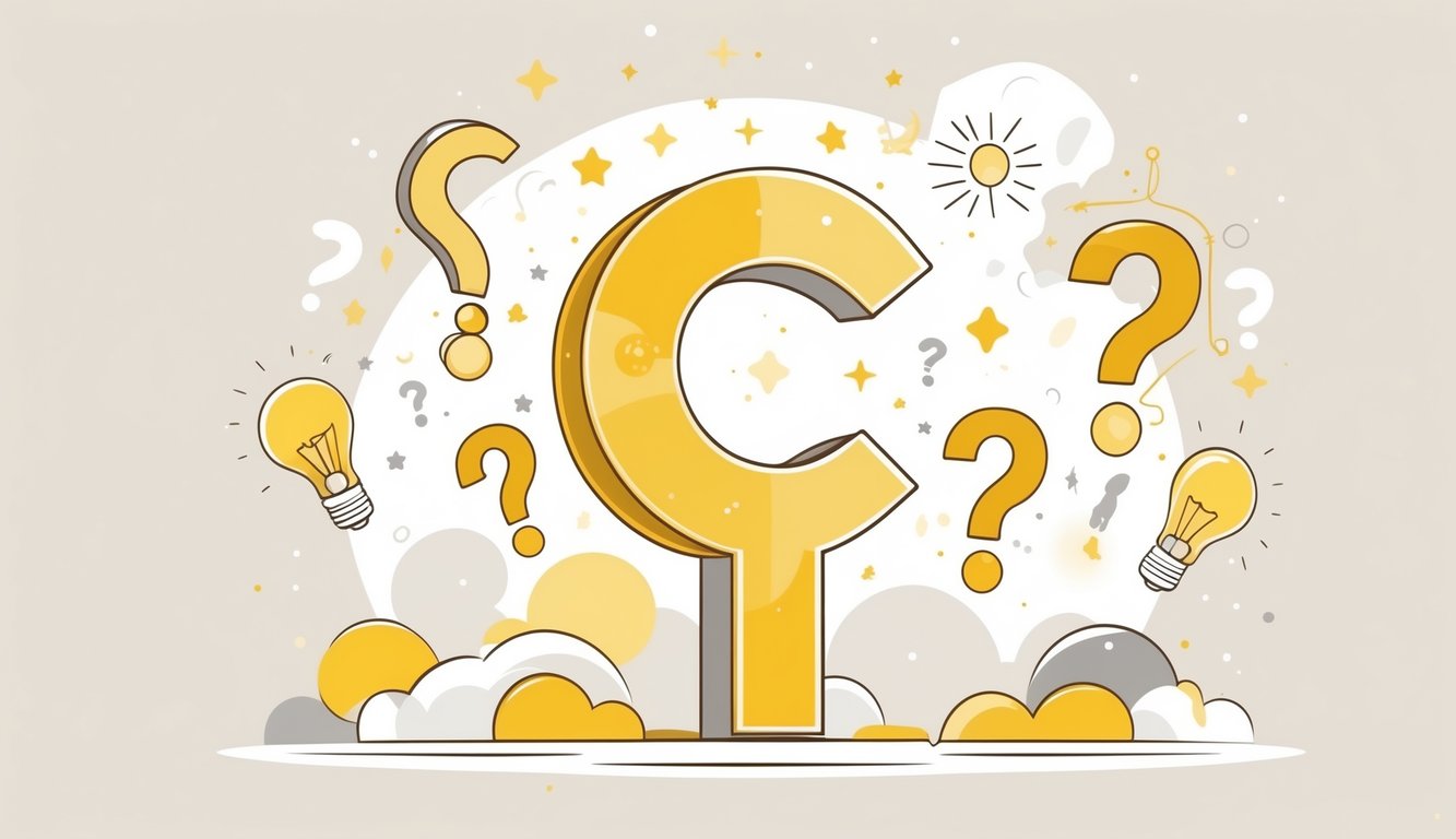 An illustration of the Gemini zodiac symbol surrounded by question marks and lightbulbs, with yellow and gold colors and celestial elements like stars and a crescent moon in the background.