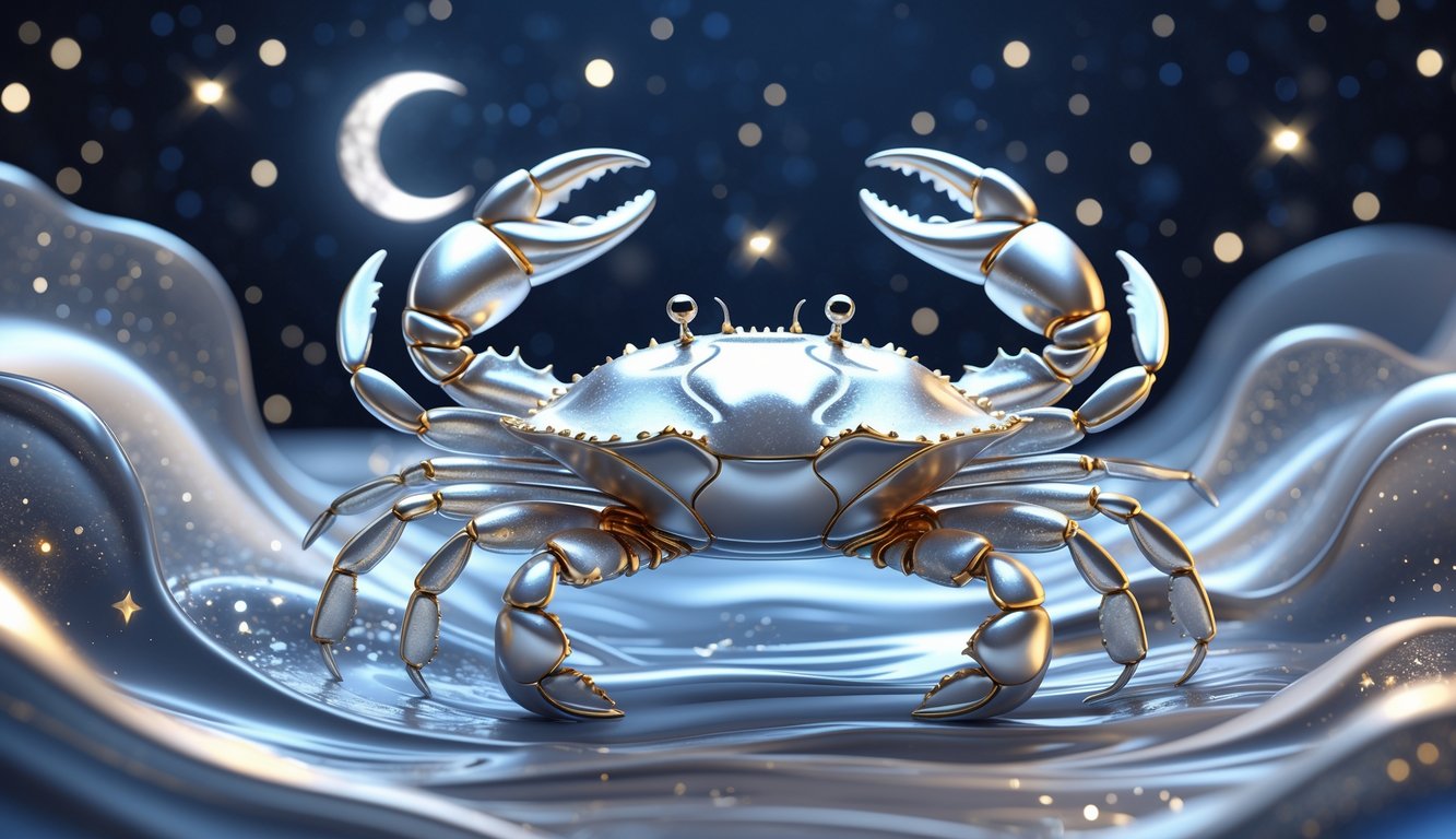 A silver crab surrounded by glowing silver light with a starry night sky and crescent moon in the background, with flowing water elements around it.