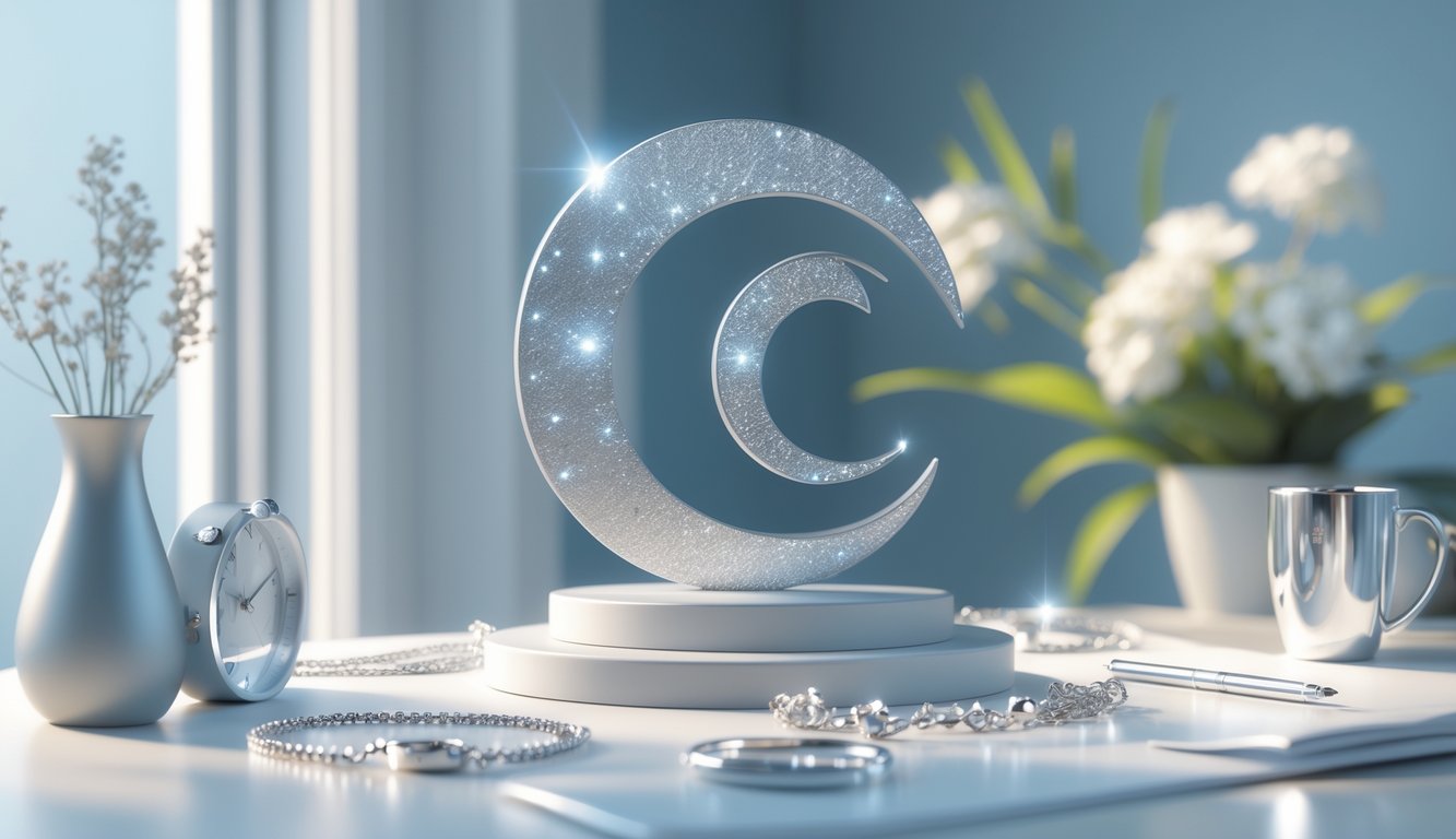 A calm scene showing the Cancer zodiac symbol surrounded by silver jewelry and everyday silver items on a desk in soft blue and white tones.