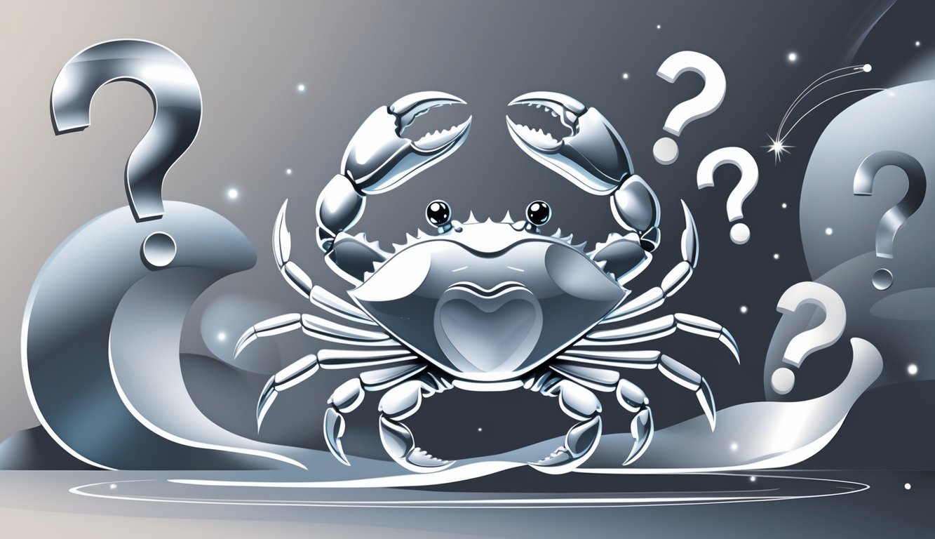 An illustration showing a silver-colored Cancer zodiac crab surrounded by abstract question marks and glowing silver accents.