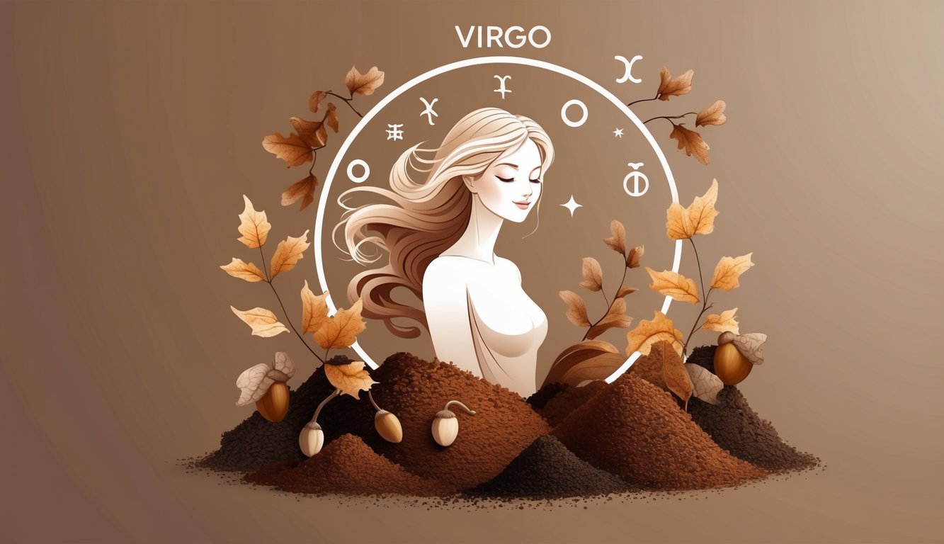 An illustration of a Virgo maiden surrounded by autumn leaves and earthy elements in shades of brown, with subtle Virgo zodiac symbols in the background.