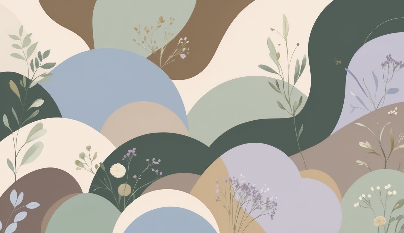 An arrangement of soft, earthy colors including greens, creams, taupes, blues, and lavender in abstract organic shapes representing the Virgo color palette beyond brown.
