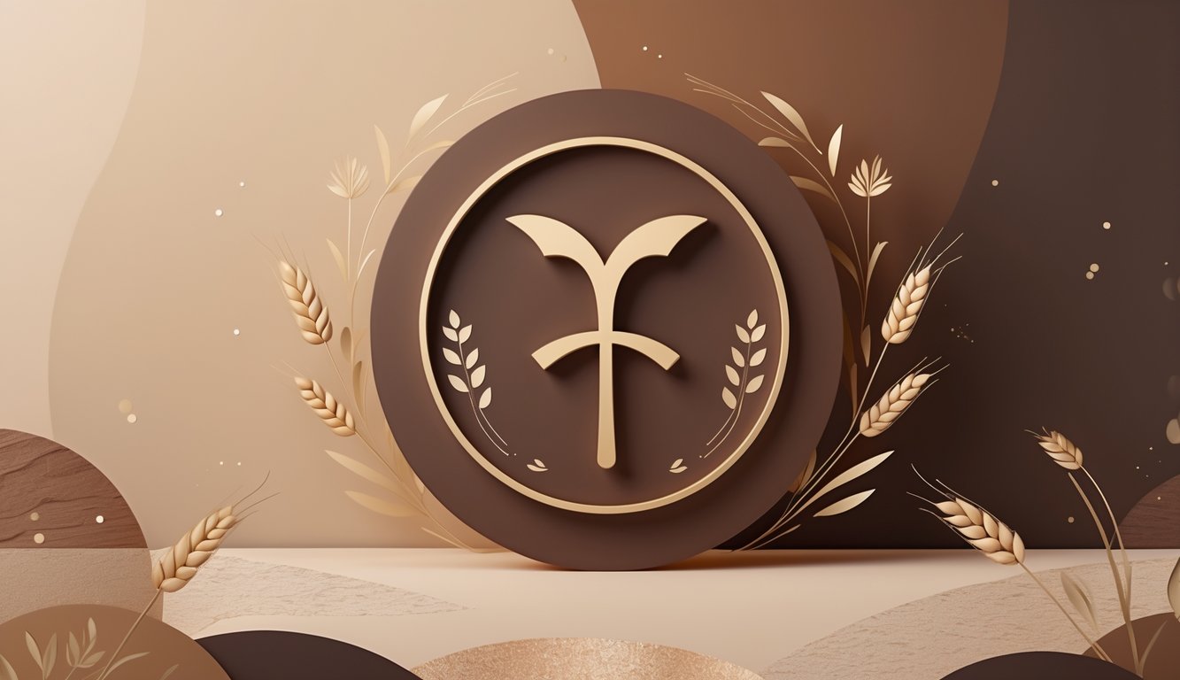 A Virgo zodiac symbol surrounded by wheat and leaves in various shades of brown against a textured brown background.