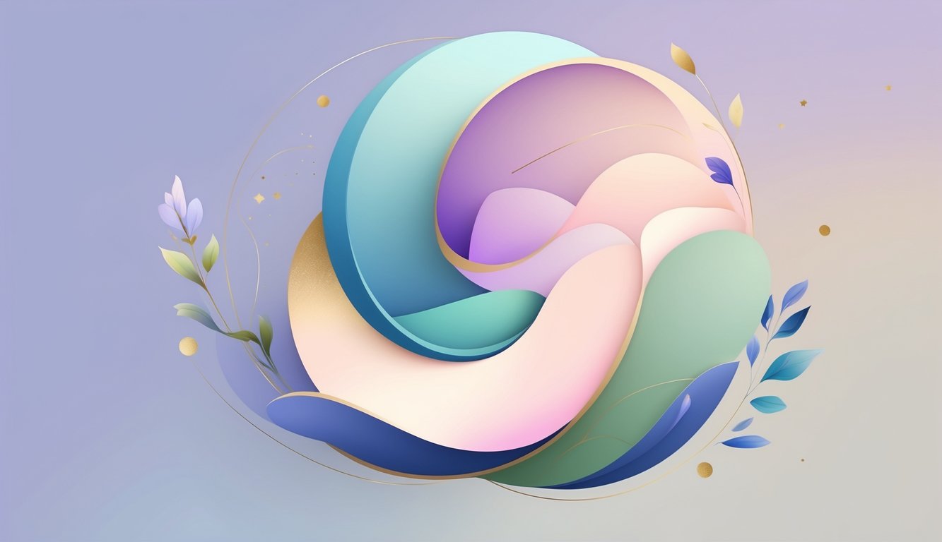 An abstract composition of flowing shapes in soft blues, greens, neutrals, and purples with gold accents, symbolizing balance and harmony.