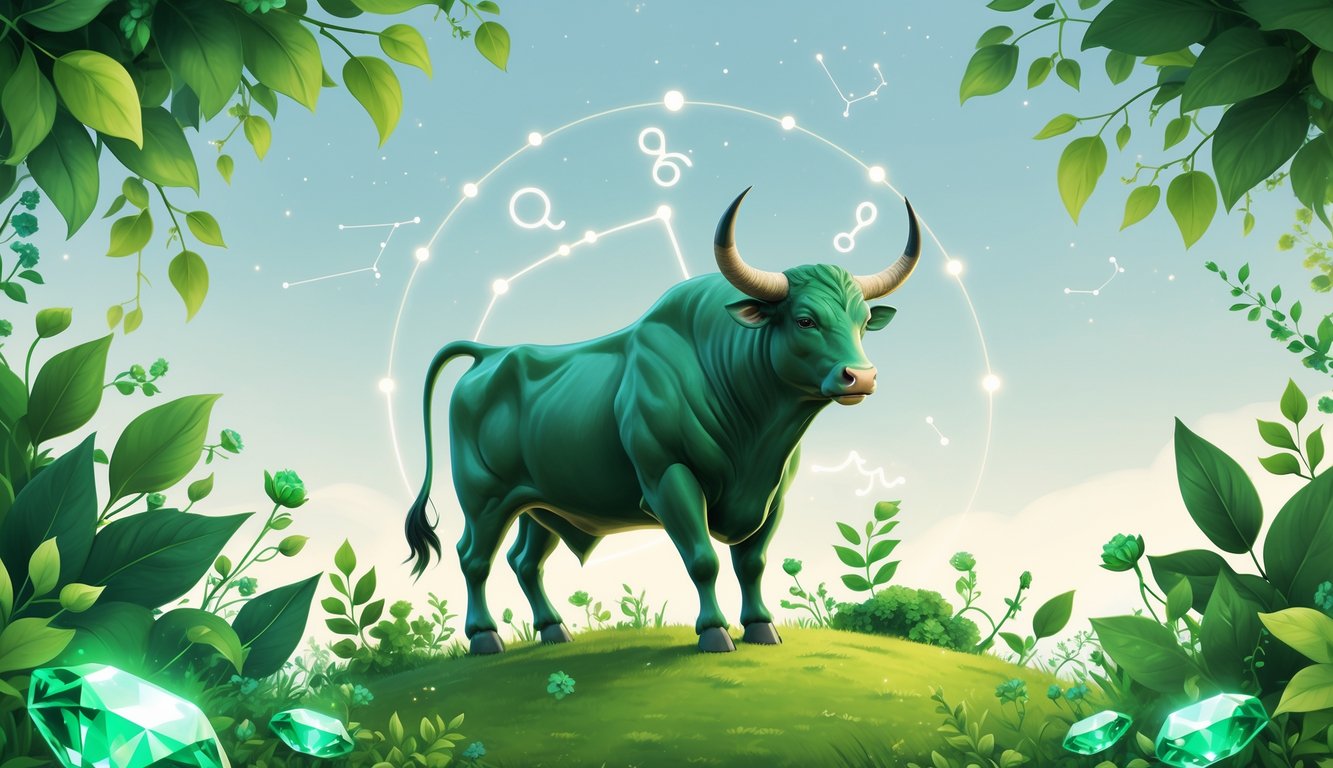 An elegant bull standing on a grassy hill surrounded by green plants and glowing green gemstones under a clear sky with faint star patterns.