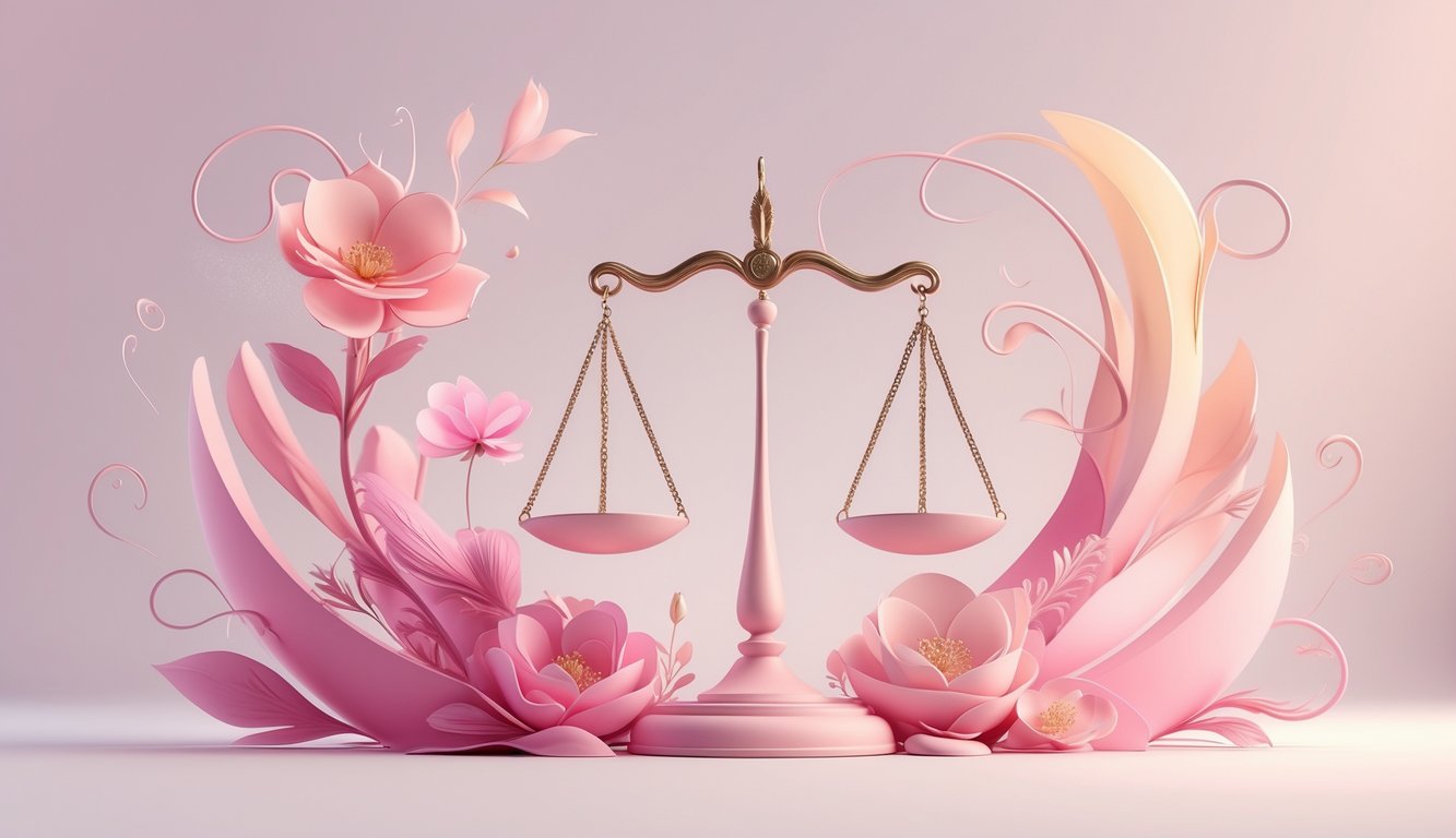 Balanced scales surrounded by pink floral elements and soft abstract swirls against a light pink background.