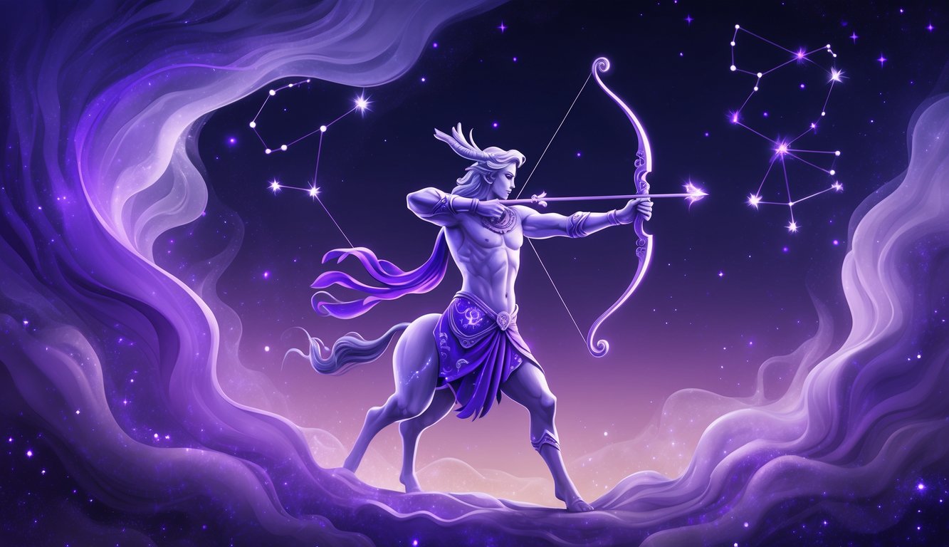 A centaur archer dressed in purple aiming a bow and arrow under a starry purple night sky with swirling cosmic lights and constellations.