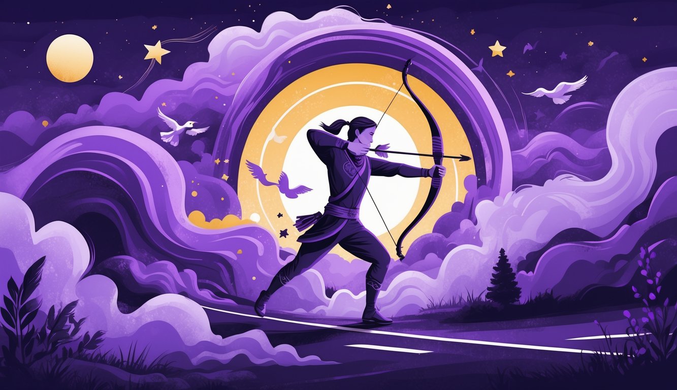 A Sagittarius archer aiming a bow and arrow surrounded by purple hues, stars, and symbols representing adventure and optimism.