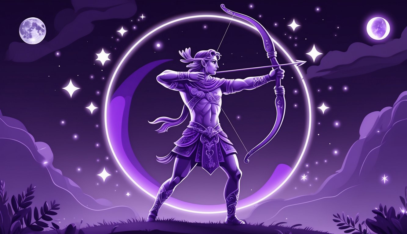 A centaur archer aiming a bow and arrow surrounded by glowing purple stars and a crescent moon against a deep purple sky.