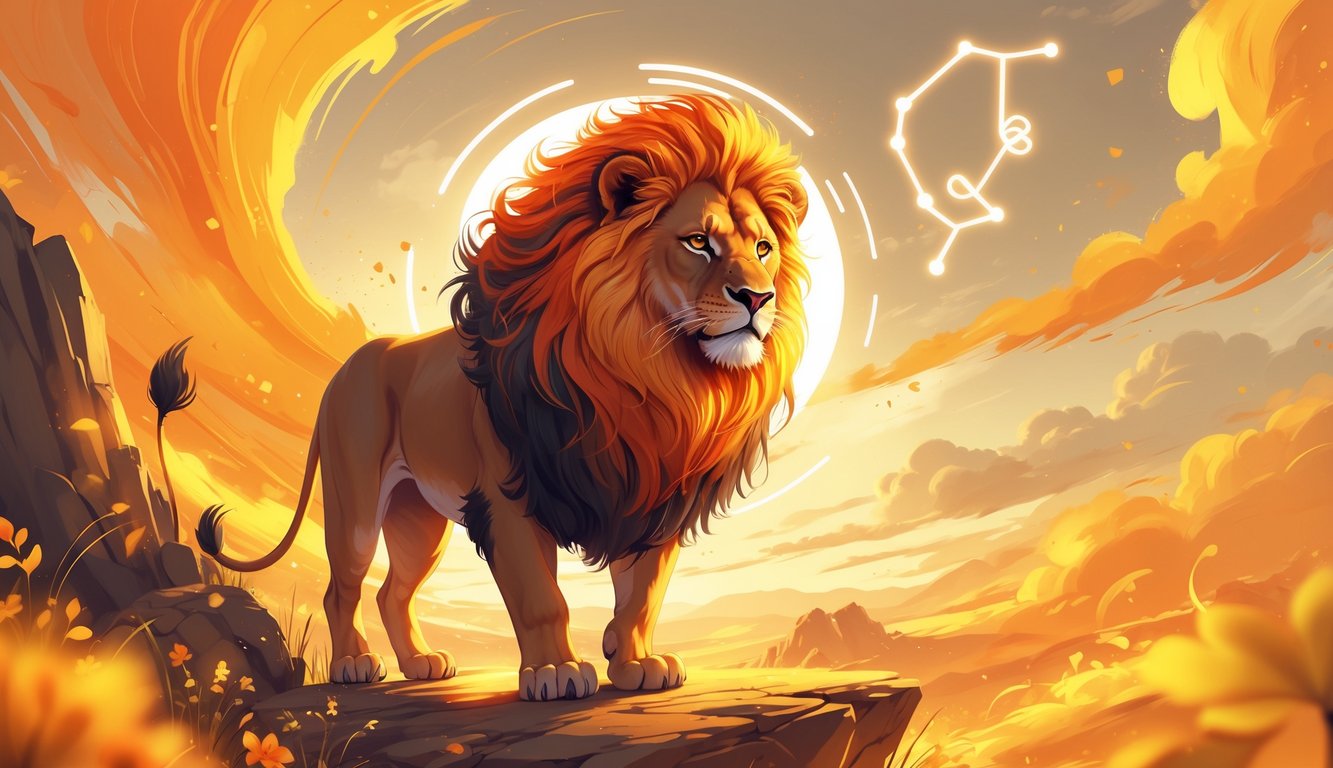 A proud lion with a glowing orange mane stands on a sunlit rocky outcrop under a warm, colorful sky with subtle star patterns.