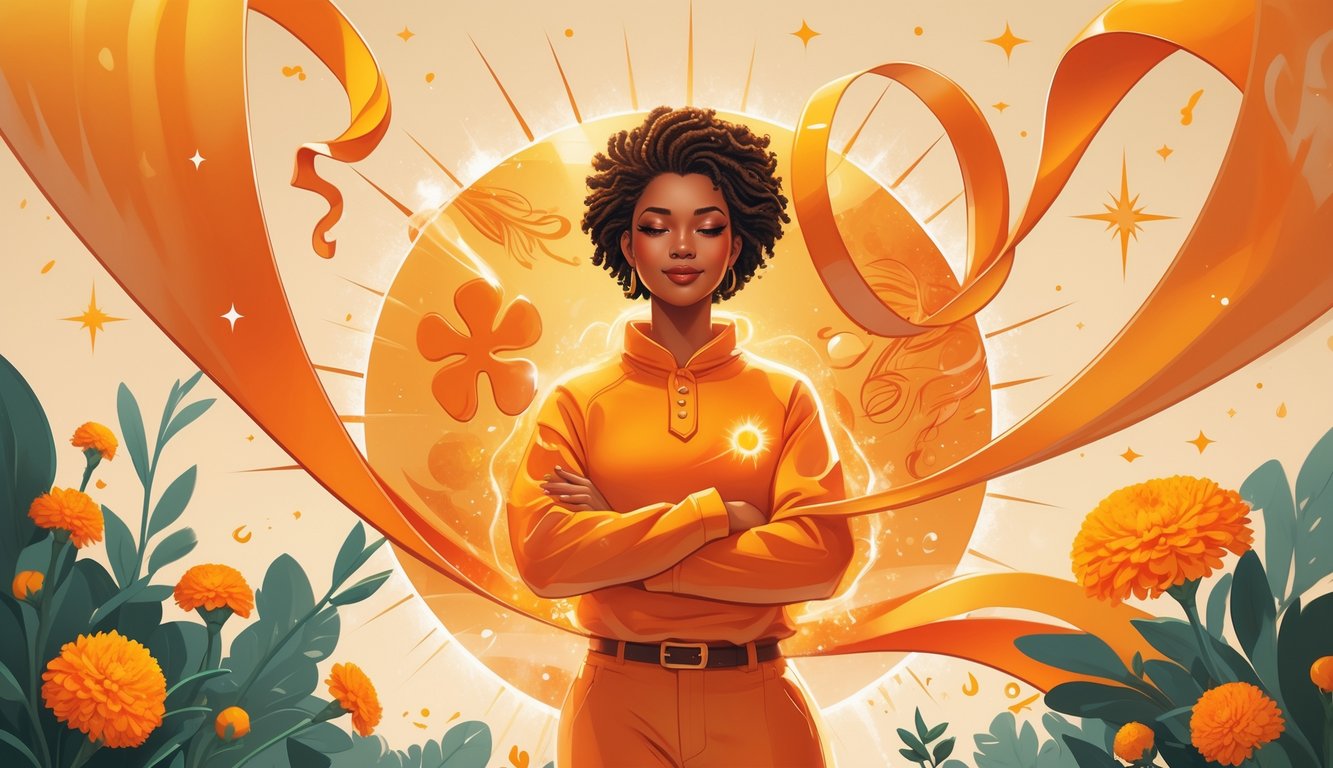A confident Leo person surrounded by glowing orange ribbons, flowers, and celestial symbols representing luck and vitality.