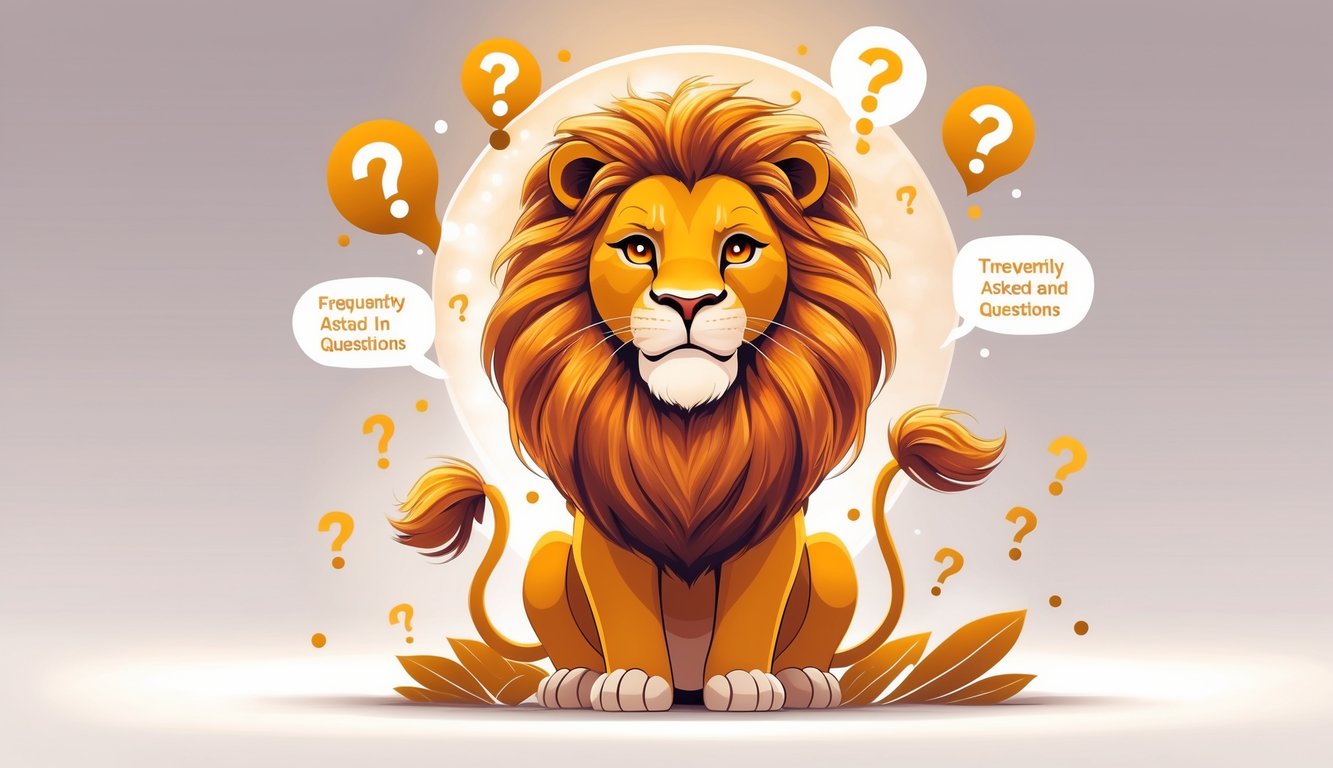 A friendly lion surrounded by floating question marks and speech bubbles on a clean background.