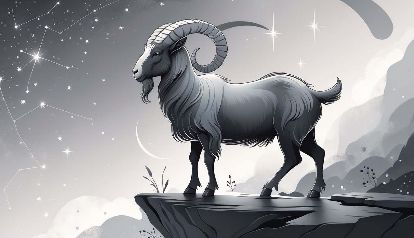 A stylized sea-goat representing Capricorn stands on a rocky surface surrounded by stars and a crescent moon, all in shades of grey.