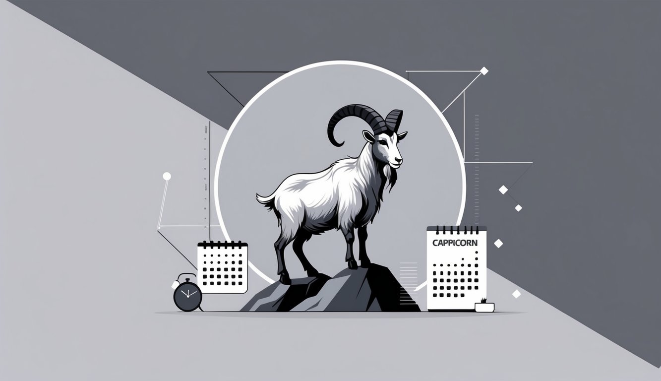 A mountain goat standing on a rocky peak with grey tones, surrounded by symbols of time and organization like a clock and notebook.