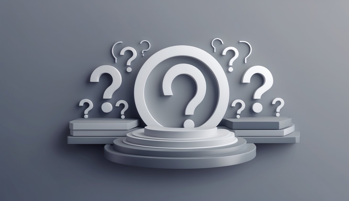 An elegant Capricorn symbol surrounded by abstract question marks on a smooth grey background.