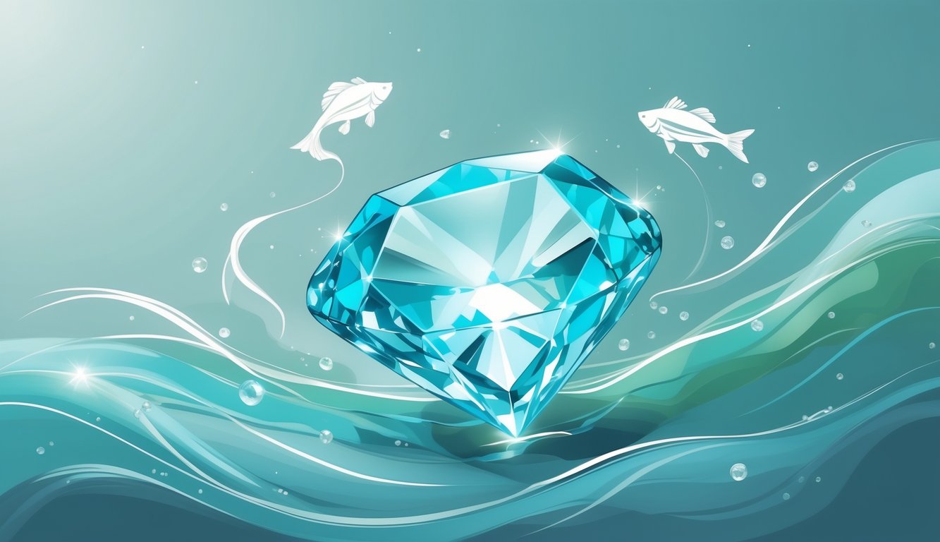 A radiant aquamarine gemstone surrounded by gentle water waves and fish silhouettes against a soft blue-green background.