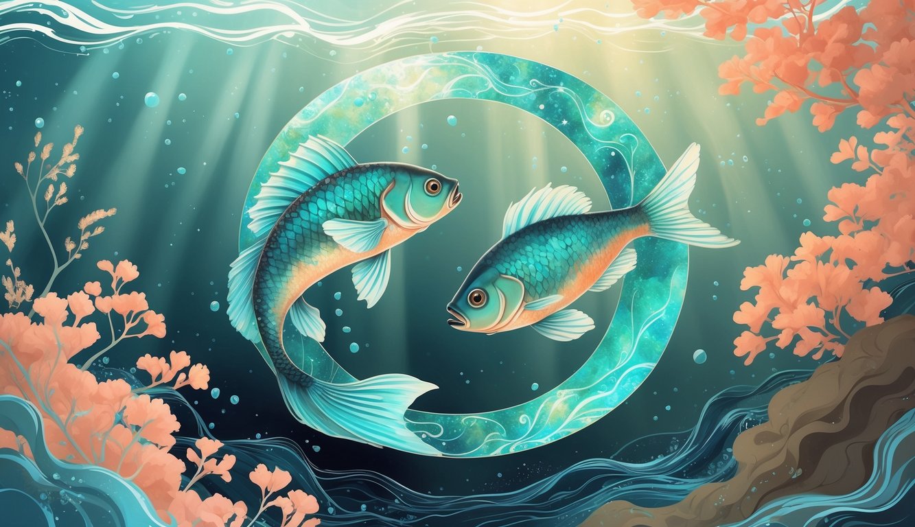Two fish swimming in a circle underwater with aquamarine and complementary warm colors surrounding them.