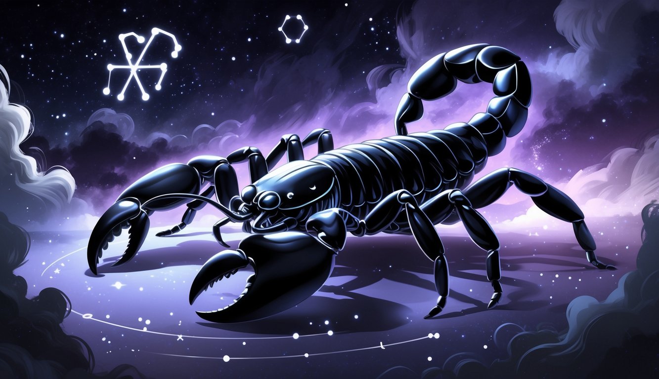 A powerful black scorpion against a dark starry sky with glowing Scorpio symbols and swirling mist.