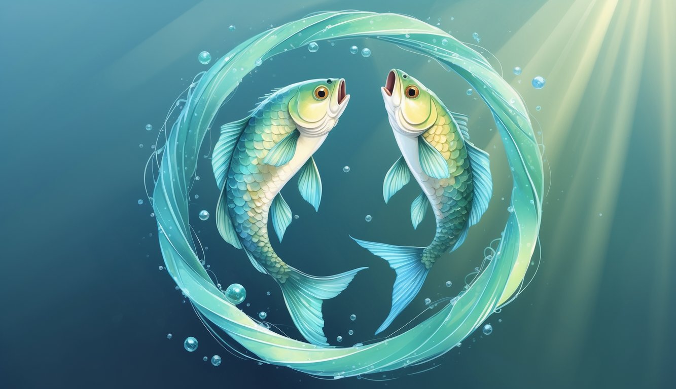 Two fish swimming in a circular pattern underwater with shades of aquamarine and gentle light rays.