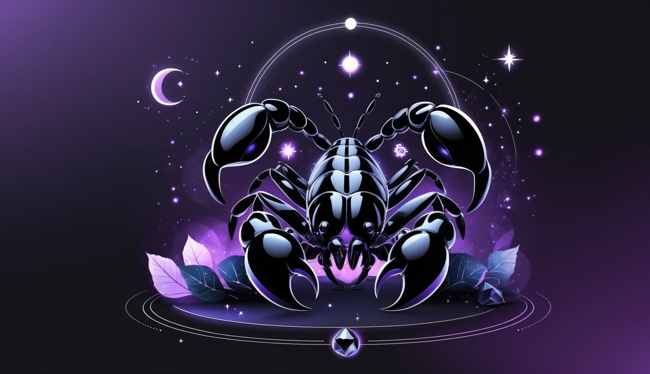 A confident scorpion surrounded by stars and cosmic symbols against a dark background, symbolizing luck and power.