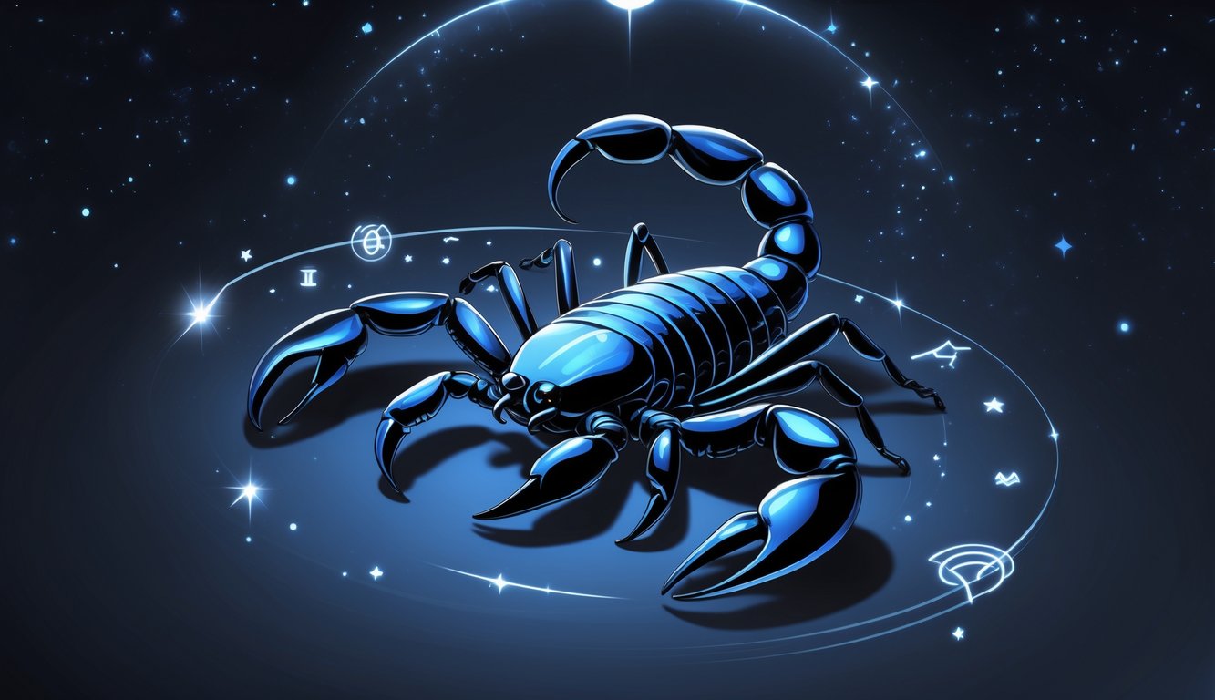 A detailed illustration of a black scorpion surrounded by faint star patterns on a dark blue and black background.