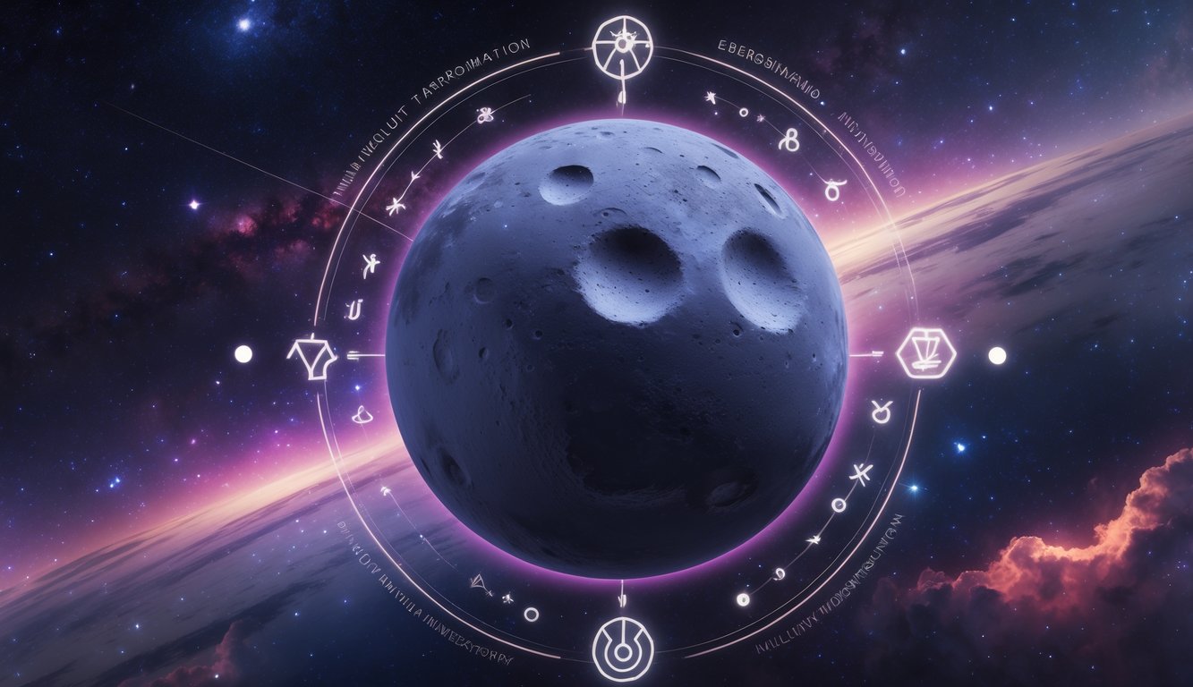 A cosmic scene showing the dwarf planet Pluto surrounded by stars and glowing energy waves, symbolizing transformation and power.
