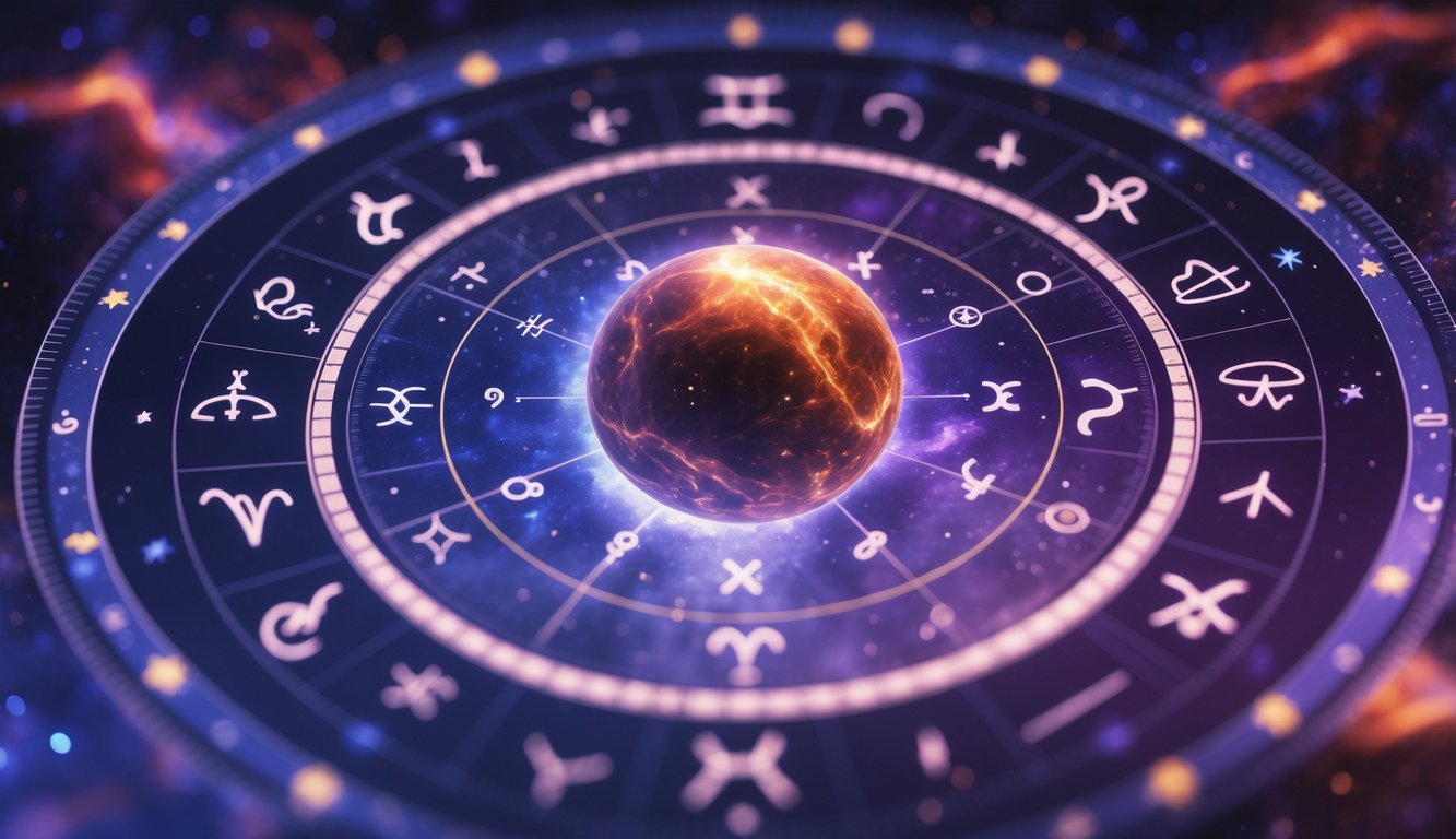 A glowing planet Pluto surrounded by astrological symbols and a birth chart wheel set against a starry cosmic background.