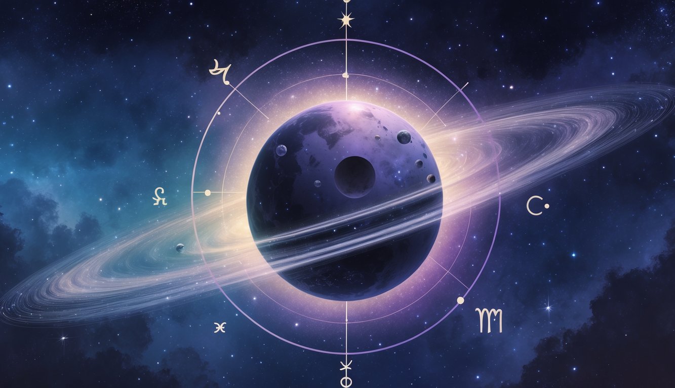 A cosmic scene showing the planet Pluto surrounded by stars and zodiac symbols in a dark, starry sky.