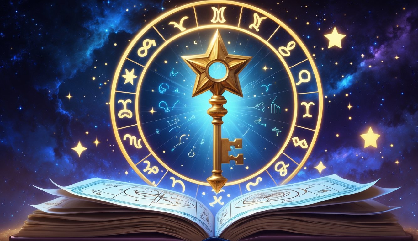 A golden star-shaped key floating above an open book with astrological charts, surrounded by glowing zodiac signs against a starry cosmic background.