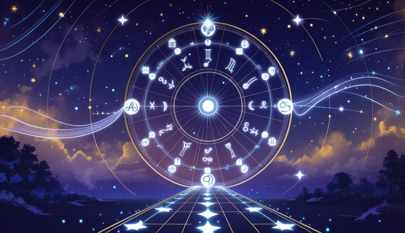 An astrological zodiac wheel with twelve houses and glowing planetary transit lines, a starry pathway leading forward, set against a cosmic background.