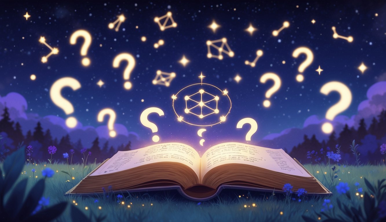 A person studying an open book with glowing astrological symbols under a starry night sky filled with constellations and zodiac signs.
