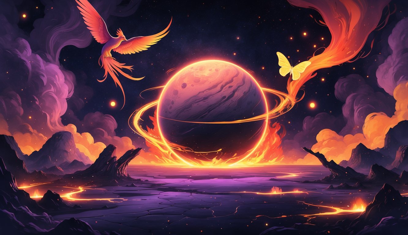 A cosmic scene featuring the planet Pluto surrounded by swirling dark and fiery energy, with a phoenix rising, cracked earth glowing beneath, and a butterfly emerging, symbolizing transformation and rebirth.
