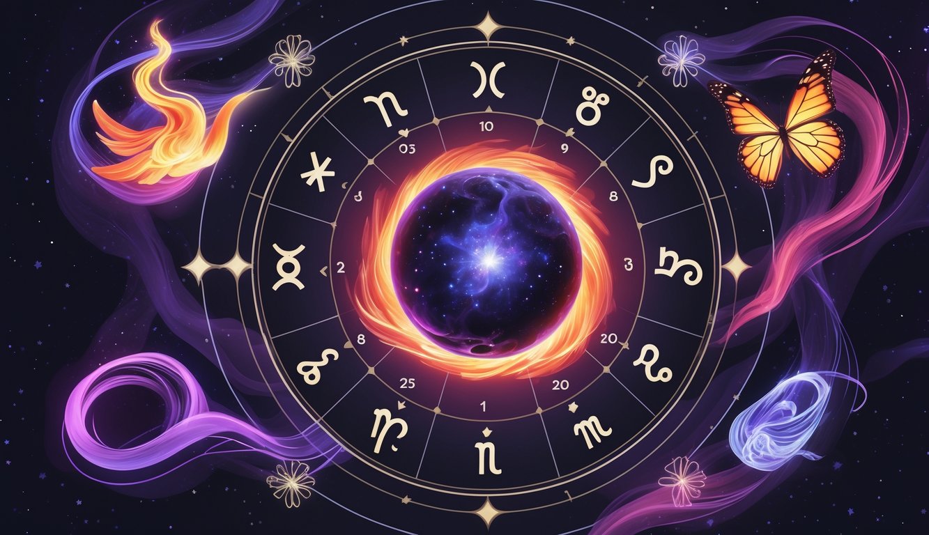 An astrological birth chart with a glowing Pluto symbol at its center, surrounded by symbols of transformation like a phoenix and a butterfly, with swirling energy patterns radiating outward.