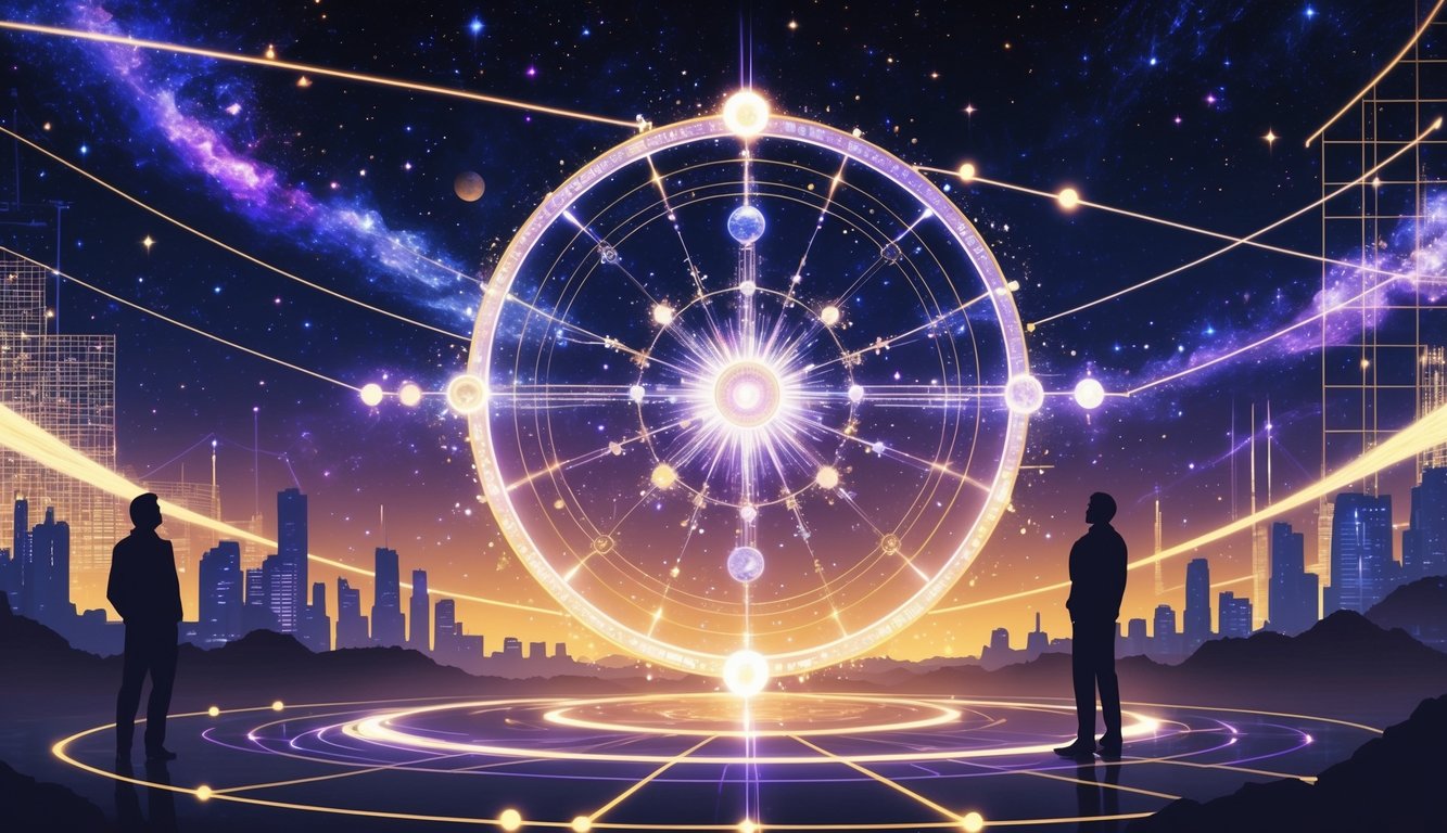 A large glowing cosmic wheel turning in space, surrounded by stars, planets, and abstract modern elements like digital grids and human figures.
