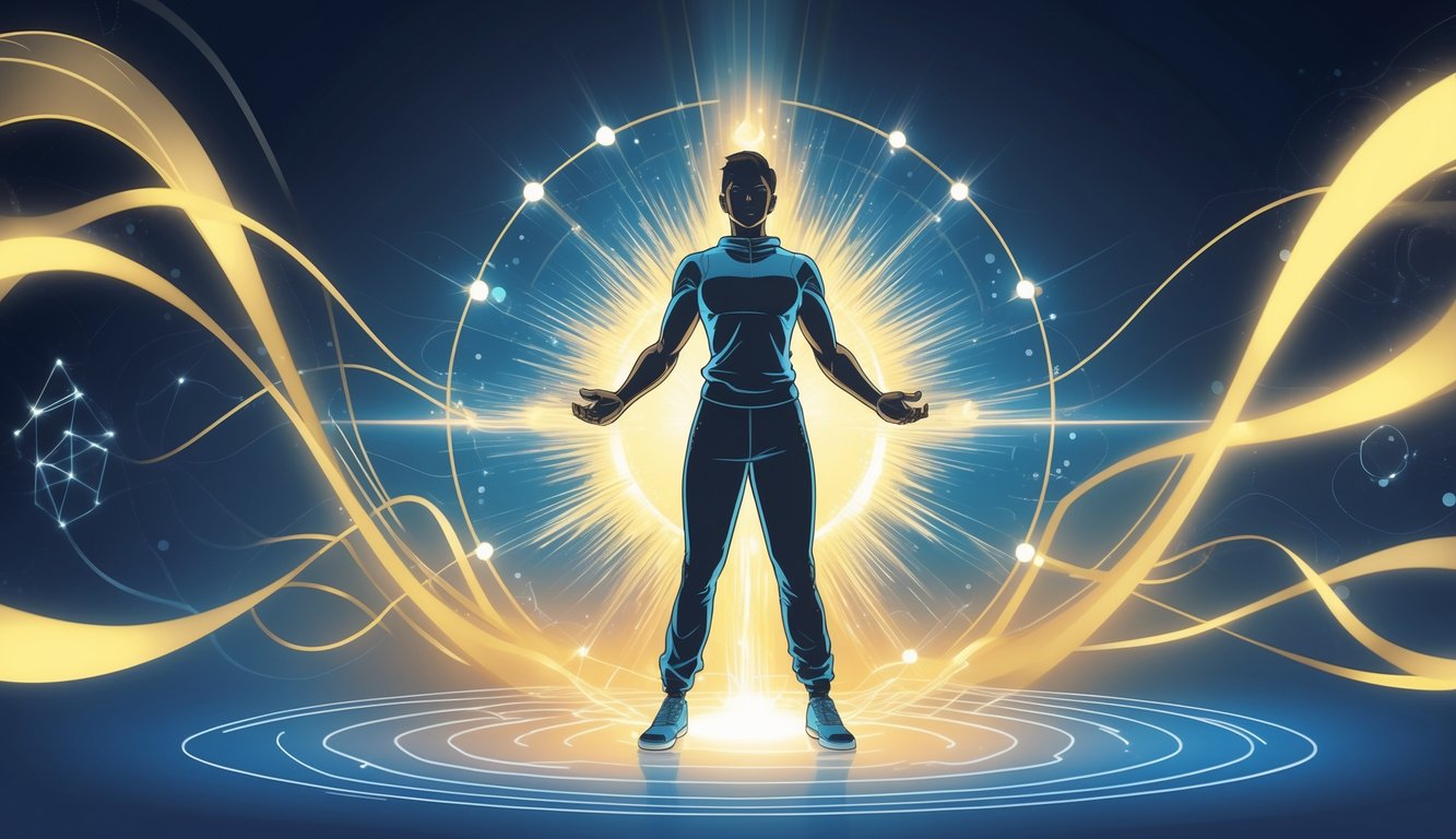 A person standing confidently surrounded by glowing light and abstract energy patterns symbolizing unlocked inner powers.