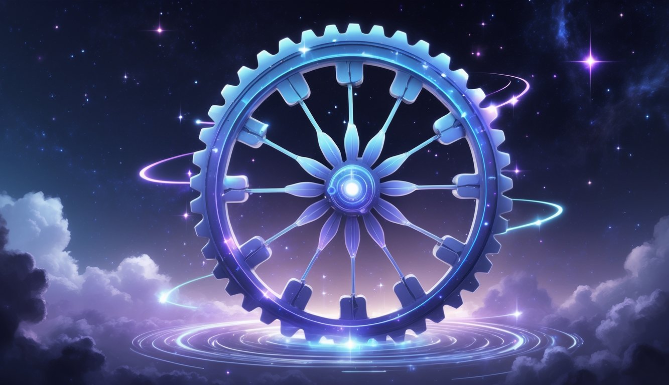 A large cosmic wheel with glowing segments turning in space, surrounded by stars and nebula clouds.